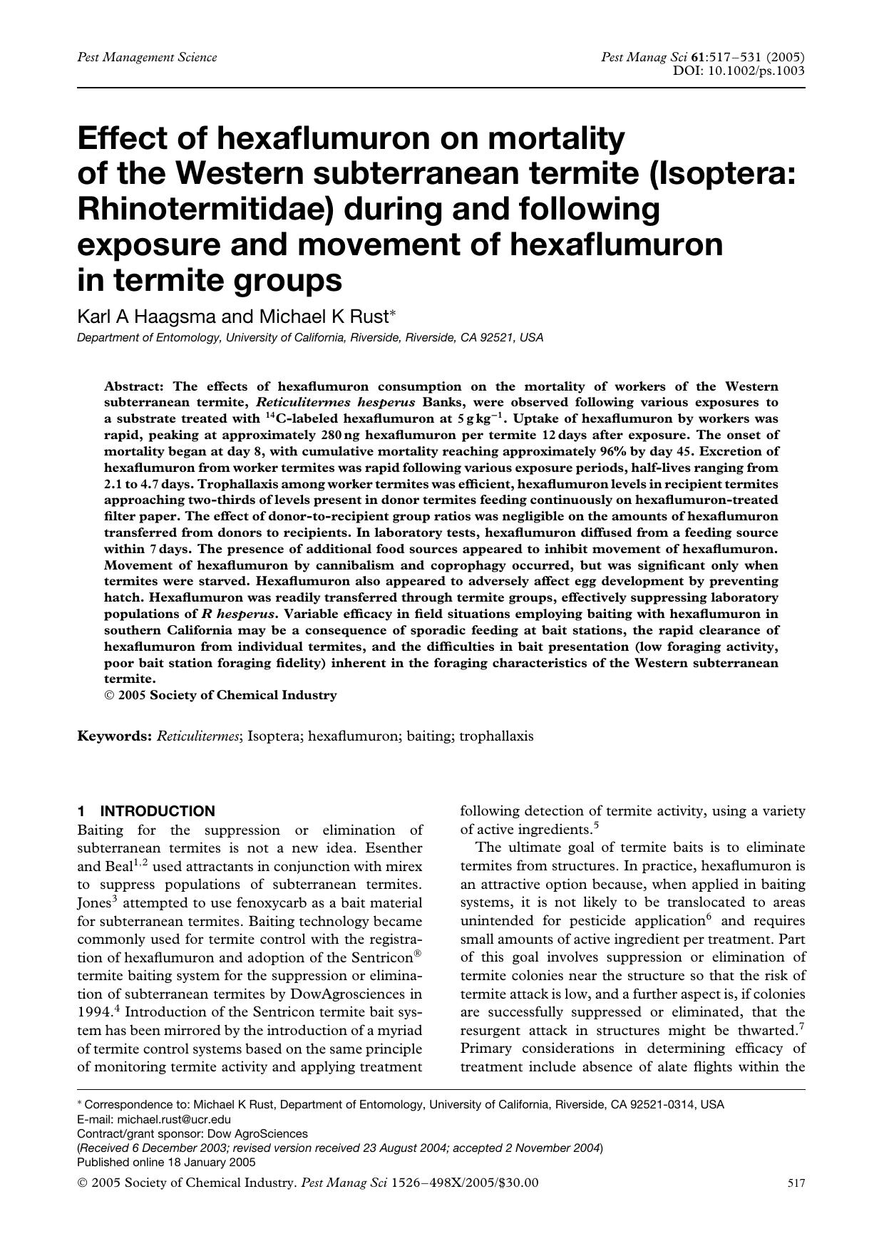 Effect of hexaflumuron on mortality of the Western subterranean termite (Isoptera: Rhinotermitidae) during and following exposure and movement of hexaflumuron in termite groups by Unknown