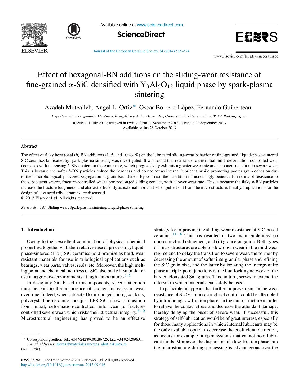 Effect of hexagonal-BN additions on the sliding-wear resistance of fine-grained Î±-SiC densified with Y3Al5O12 liquid phase by spark-plasma sintering by Azadeh Motealleh & Angel L. Ortiz & Oscar Borrero-López & Fernando Guiberteau