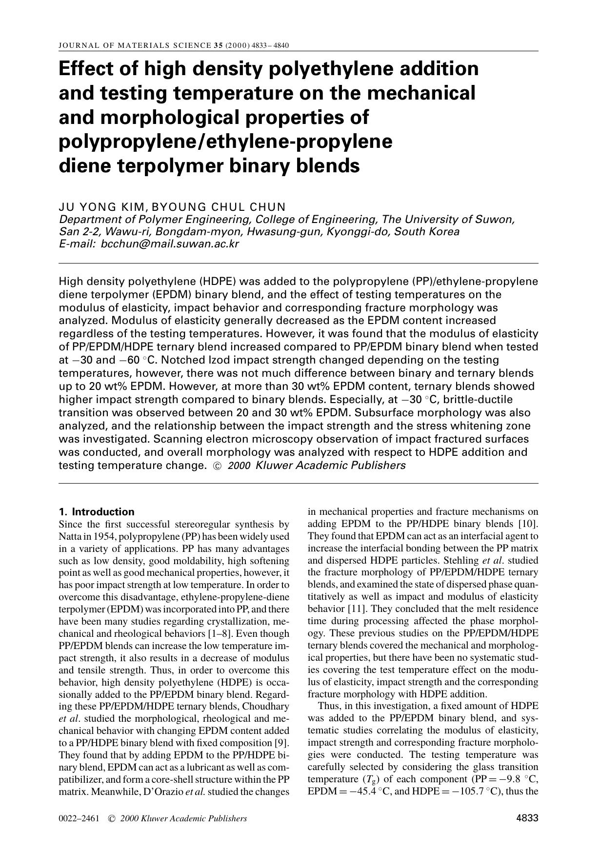 Effect of high density polyethylene addition and testing temperature on the mechanical and morphological properties of polypropyleneethylene-propylene diene terpolymer binary blends by Unknown