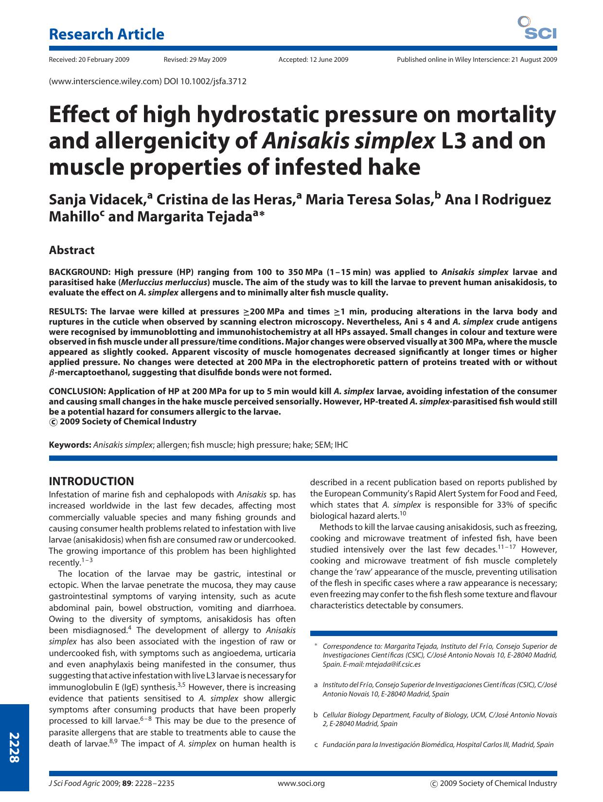 Effect of high hydrostatic pressure on mortality and allergenicity of Anisakis simplex L3 and on muscle properties of infested hake by Unknown