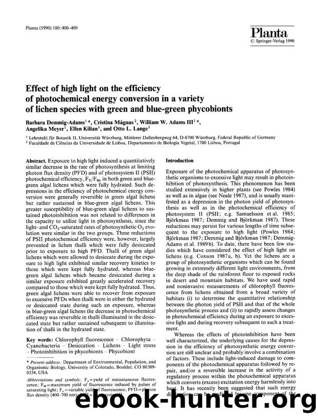 Effect of high light on the efficiency of photochemical energy conversion in a variety of lichen species with green and blue-green phycobionts by Unknown