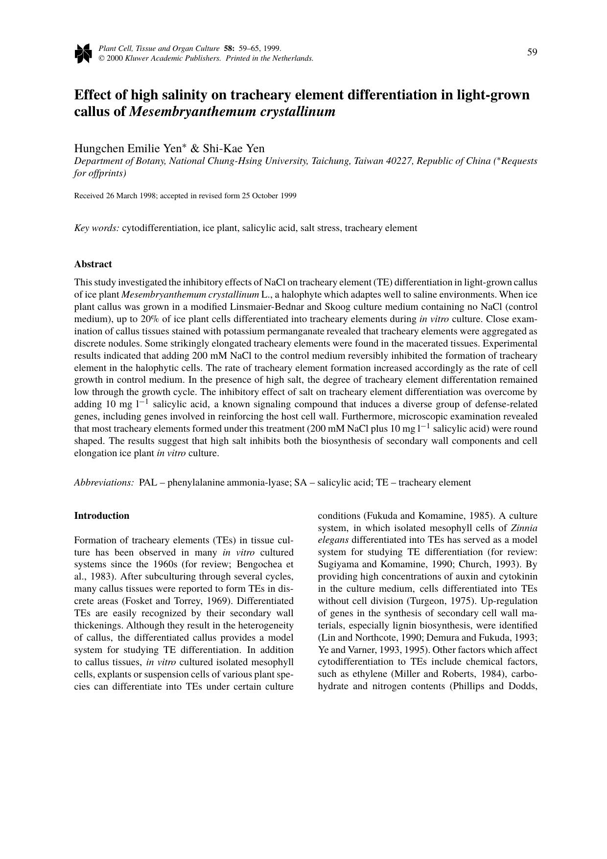Effect of high salinity on tracheary element differentiation in light-grown callus of Mesembryanthemum crystallinum by Unknown