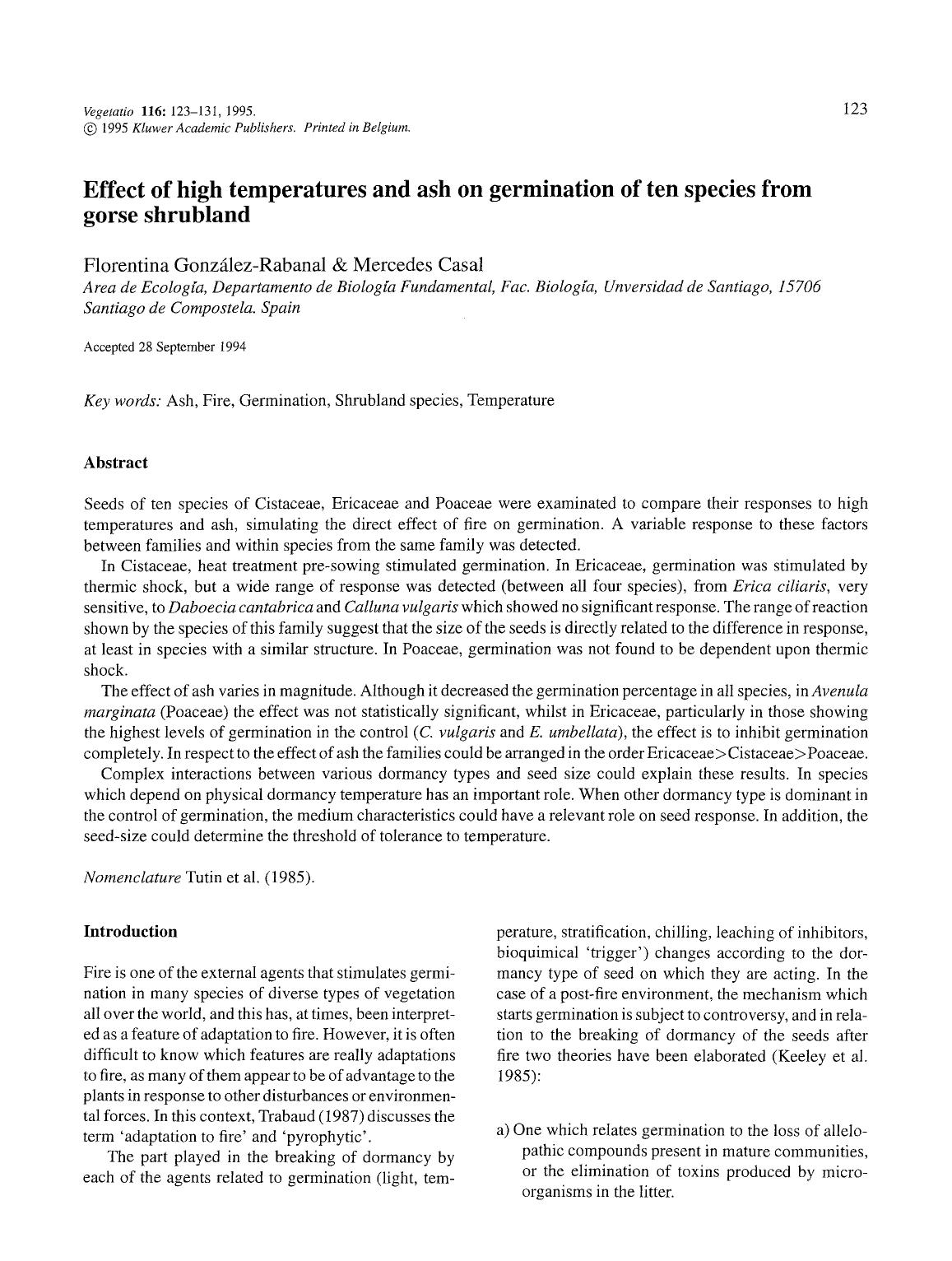 Effect of high temperatures and ash on germination of ten species from gorse shrubland by Unknown