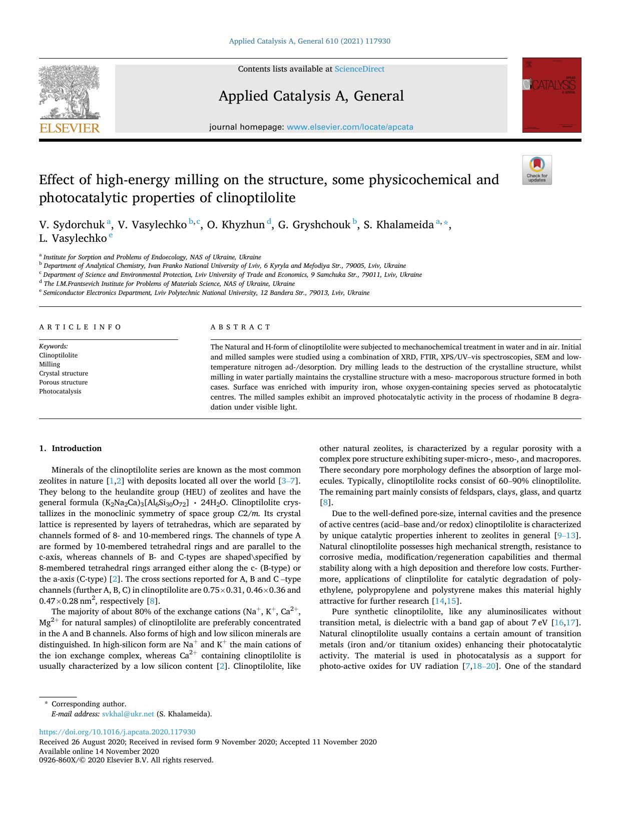 Effect of high-energy milling on the structure, some physicochemical and photocatalytic properties of clinoptilolite by V. Sydorchuk & V. Vasylechko & O. Khyzhun & G. Gryshchouk & S. Khalameida & L. Vasylechko