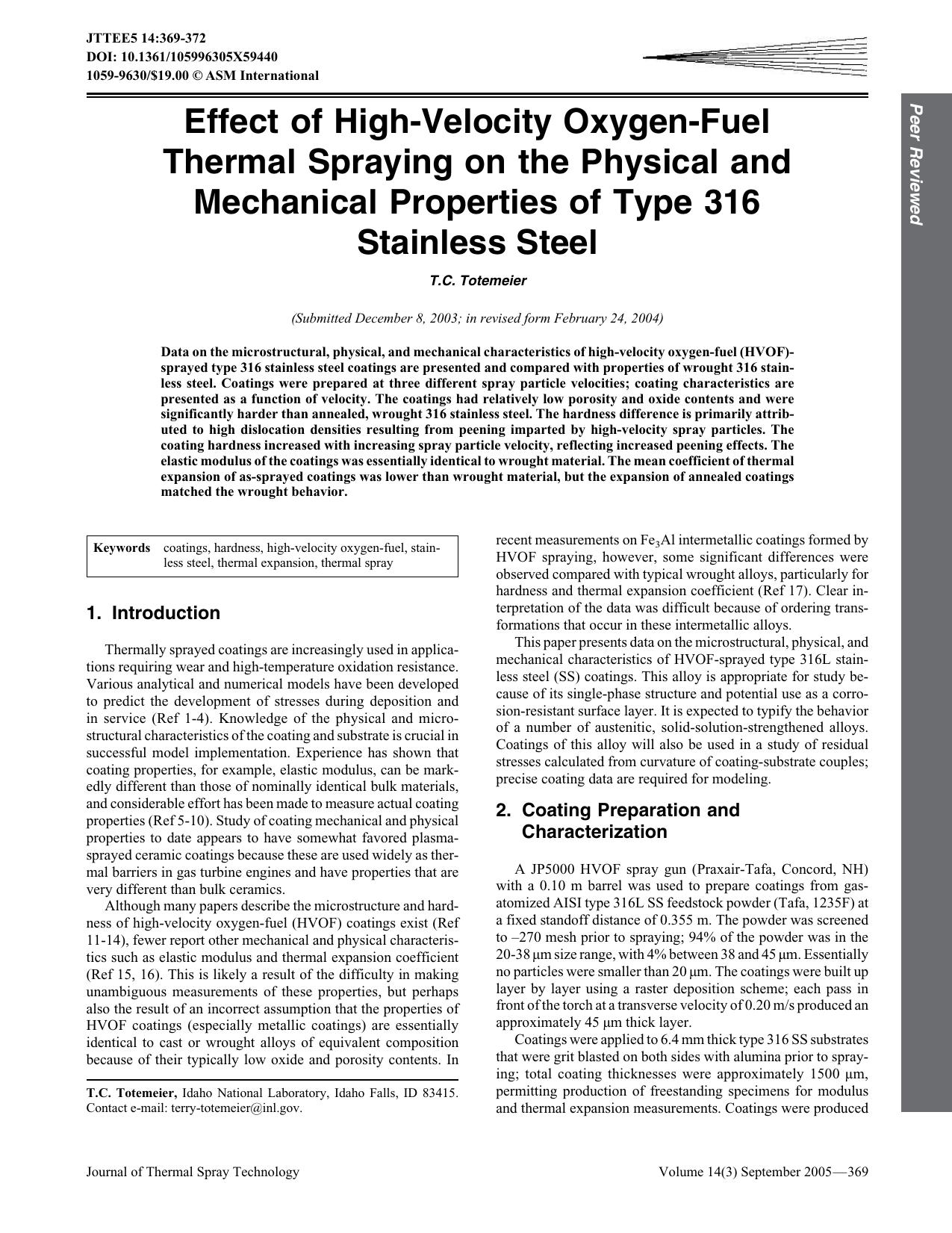 Effect of high-velocity oxygen-fuel thermal spraying on the physical and mechanical properties of type 316 stainless steel by Unknown