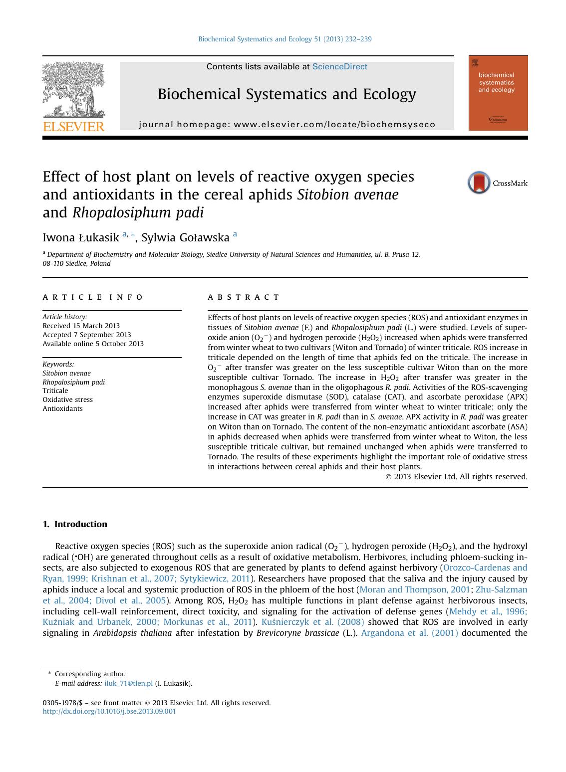 Effect of host plant on levels of reactive oxygen species and&nbsp;antioxidants in the cereal aphids Sitobion avenae and&nbsp;Rhopalosiphum padi by Iwona Łukasik & Sylwia Goławska