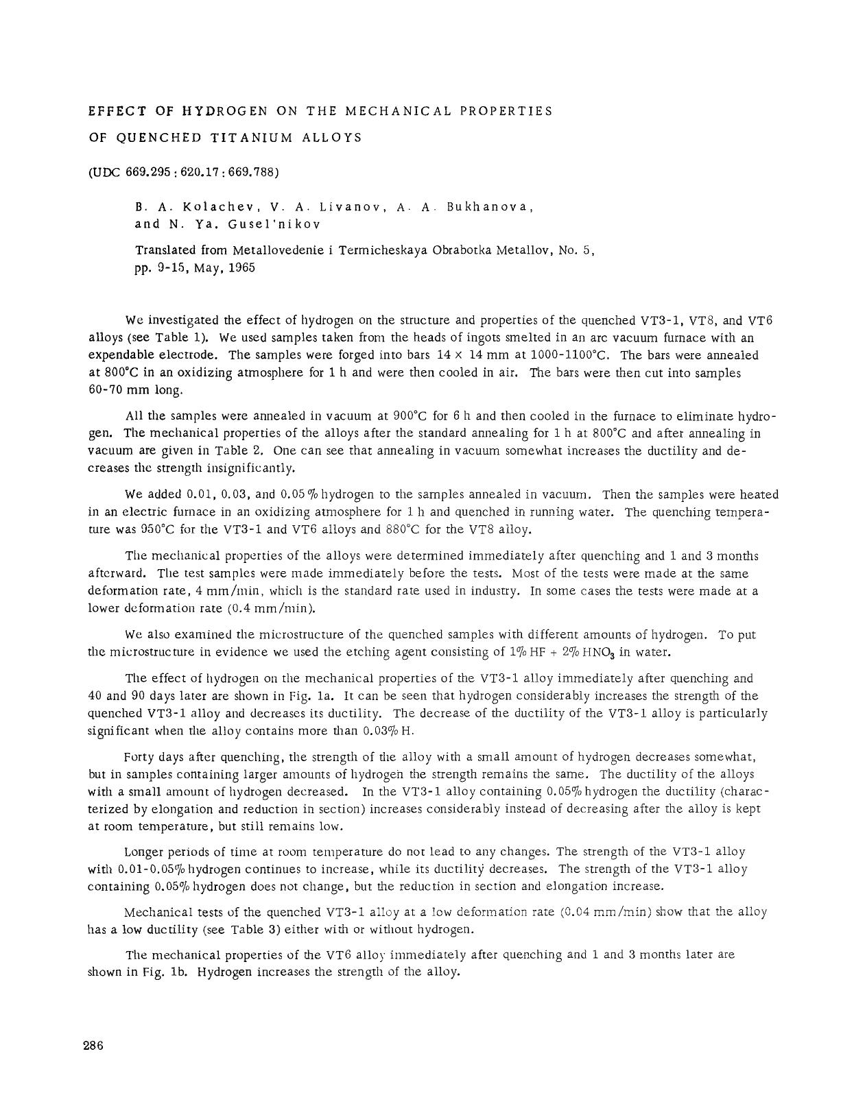 Effect of hydrogen on the mechanical properties of quenched titanium alloys by Unknown