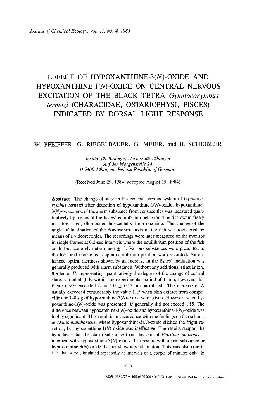 Effect of hypoxanthine-3( <Emphasis Type="Italic">N <Emphasis>)-oxide and hypoxanthine-1( <Emphasis Type="Italic">N <Emphasis>)-oxide on central nervous excitation of the black tet by Unknown