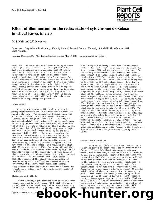 Effect of illumination on the redox state of cytochrome c oxidase in wheat leaves in vivo by Unknown