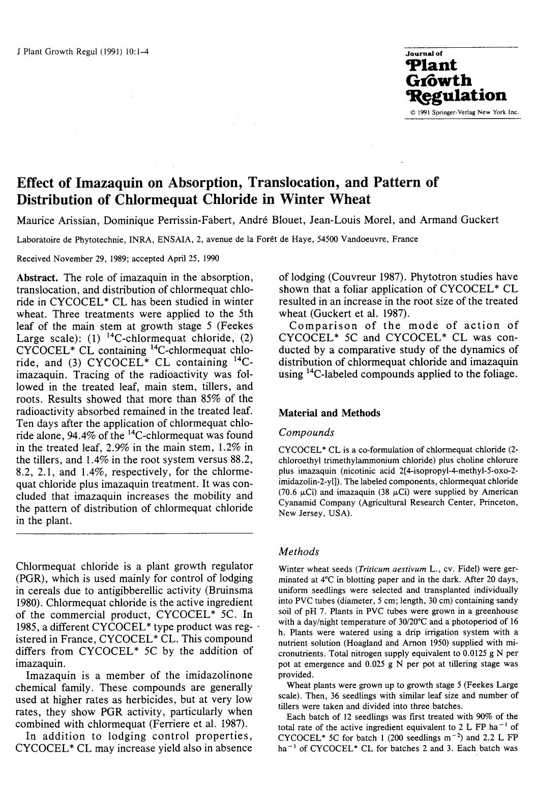 Effect of imazaquin on absorption, translocation, and pattern of distribution of chlormequat chloride in winter wheat by Unknown
