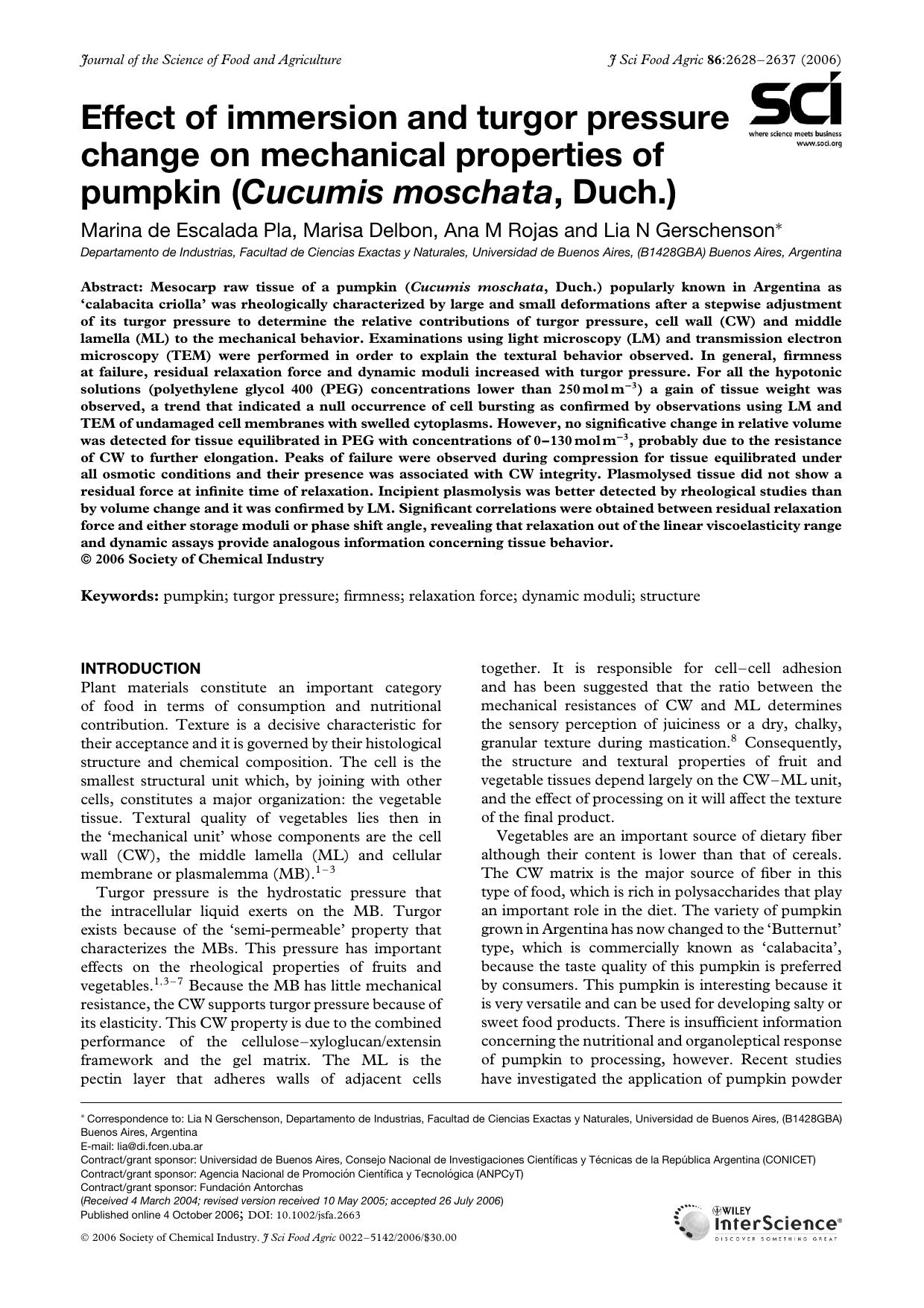 Effect of immersion and turgor pressure change on mechanical properties of pumpkin (Cucumis moschata, Duch.) by Unknown