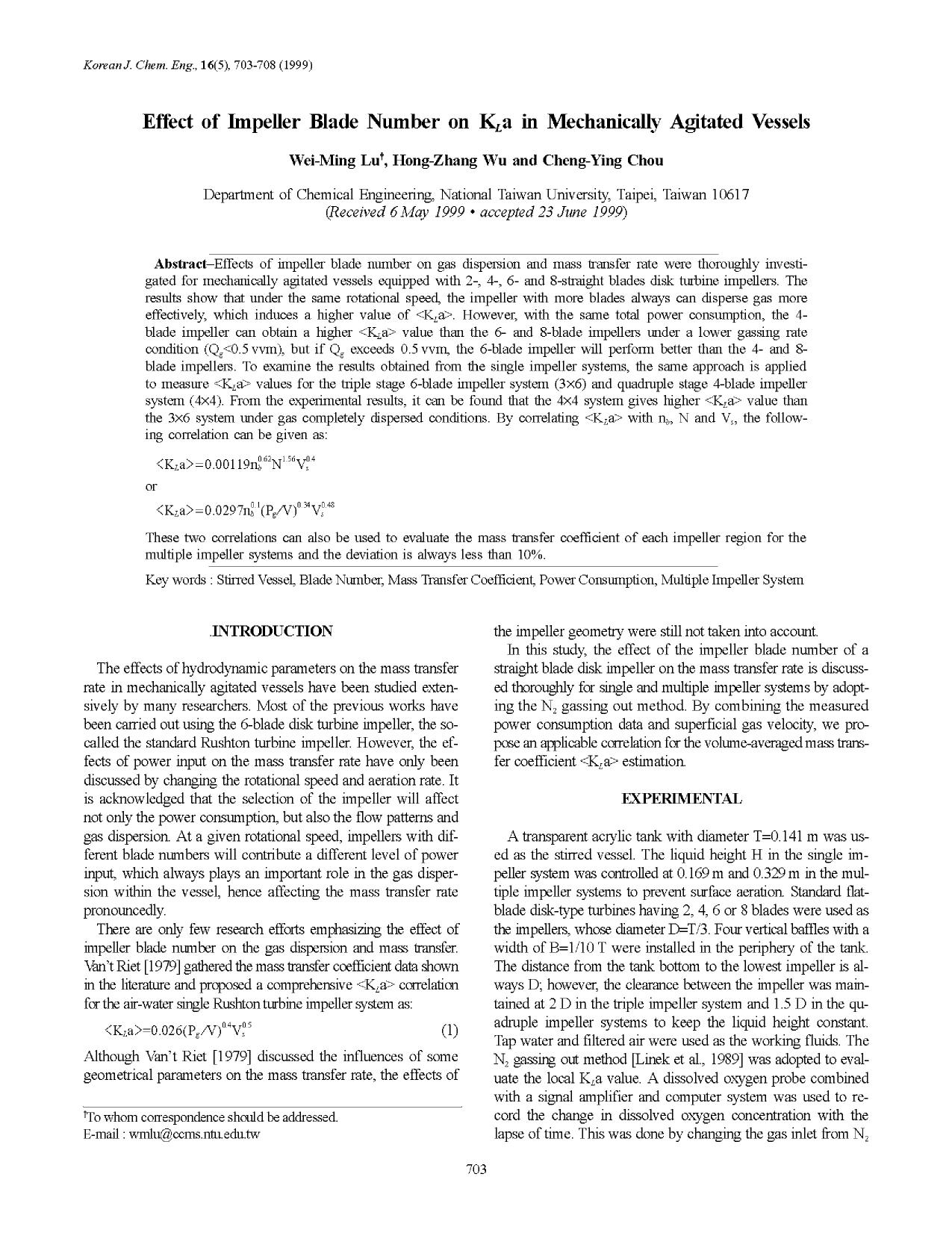 Effect of impeller blade number on K <Subscript>l <Subscript>A in mechanically agitated vessels by Unknown