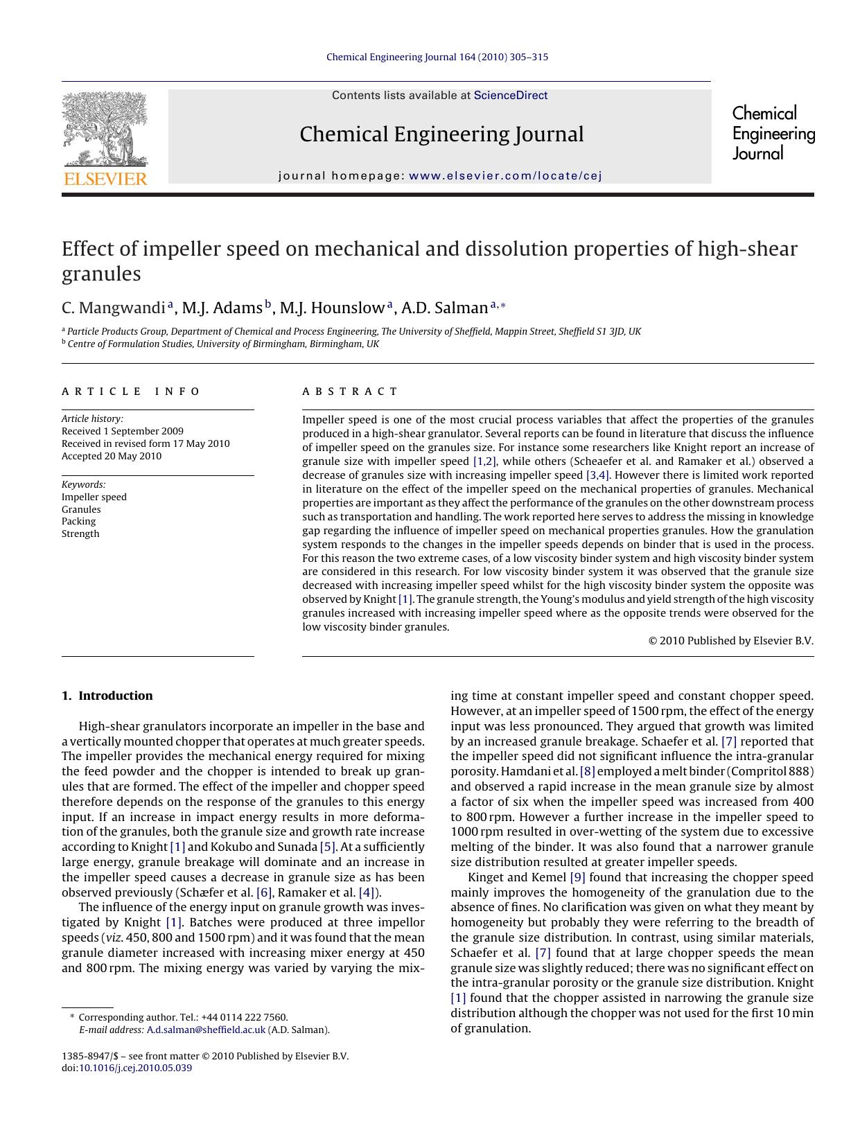 Effect of impeller speed on mechanical and dissolution properties of high-shear granules by C. Mangwandi