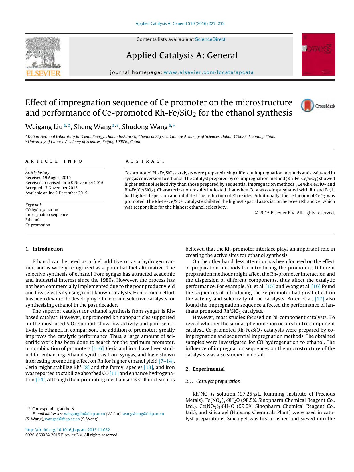 Effect of impregnation sequence of Ce promoter on the microstructure and performance of Ce-promoted Rh-FeSiO2 for the ethanol synthesis by Weigang Liu & Sheng Wang & Shudong Wang