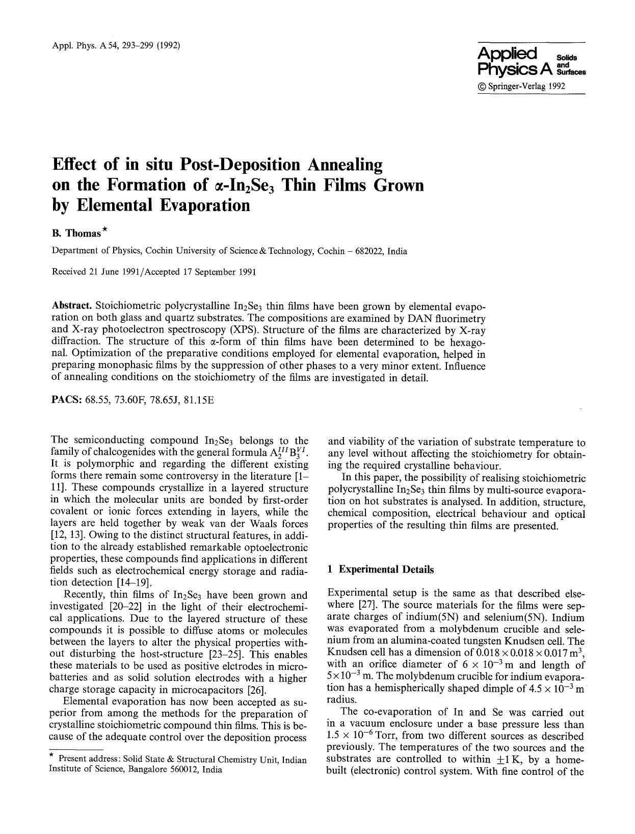 Effect of in situ post-deposition annealing on the formation of &#x03B1;-In<Subscript>2<Subscript>Se<Subscript>3<Subscript> thin films grown by elemental evaporation by Unknown