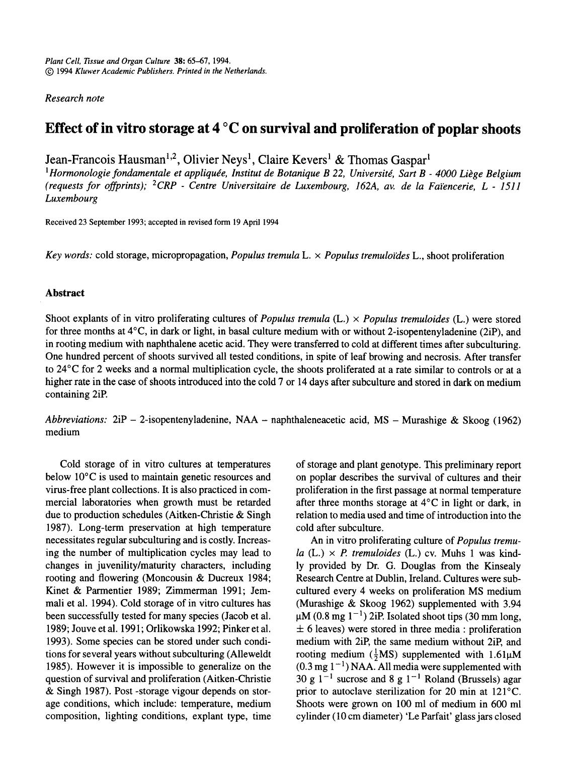 Effect of in vitro storage at 4 &#x00B0;C on survival and proliferation of poplar shoots by Unknown