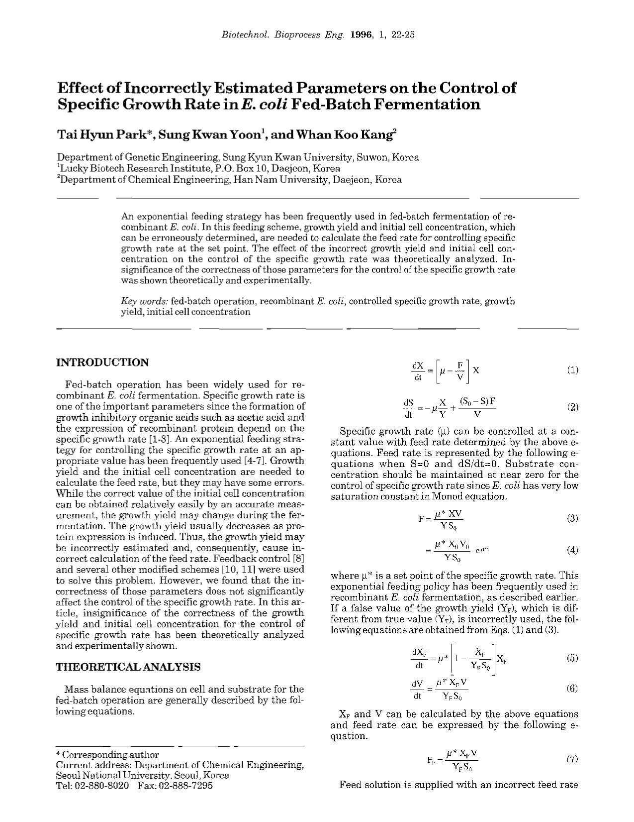 Effect of incorrectly estimated parameters on the control of specific growth rate in <Emphasis Type="Italic">E. coli <Emphasis> fed-batch fermentation by Unknown