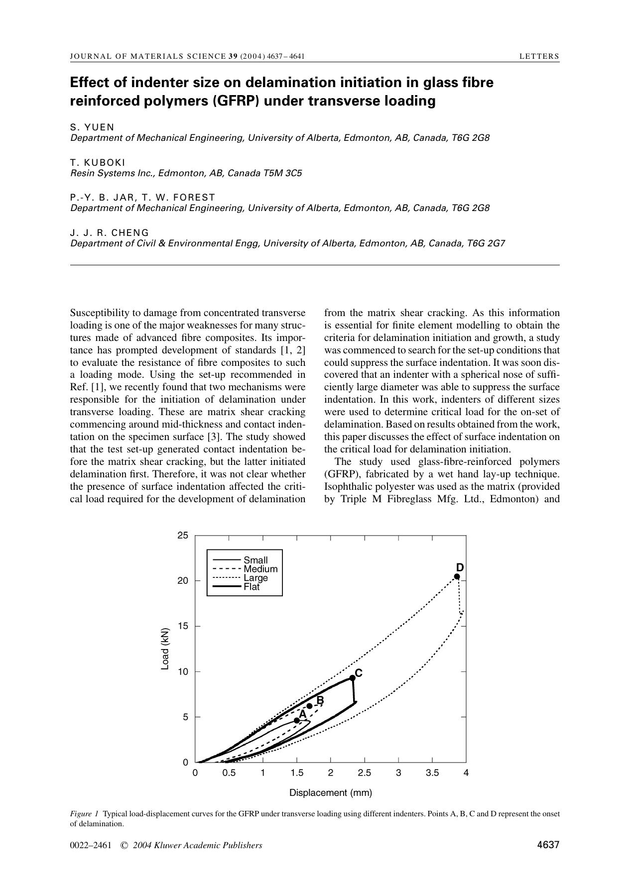 Effect of indenter size on delamination initiation in glass fibre reinforced polymers (GFRP) under transverse loading by Unknown