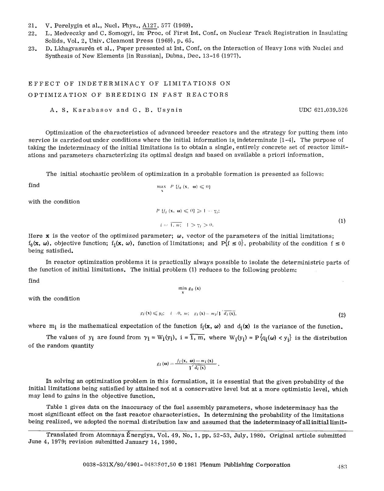 Effect of indeterminacy of limitations on optimization of breeding in fast reactors by Unknown
