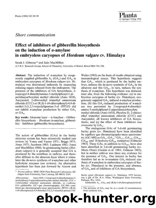 Effect of inhibitors of gibberellin biosynthesis on the induction of &#x03B1;-amylase in embryoless caryopses of <Emphasis Type="Italic">Hordeum vulgare<Emphasis> cv. Himalaya by Unknown