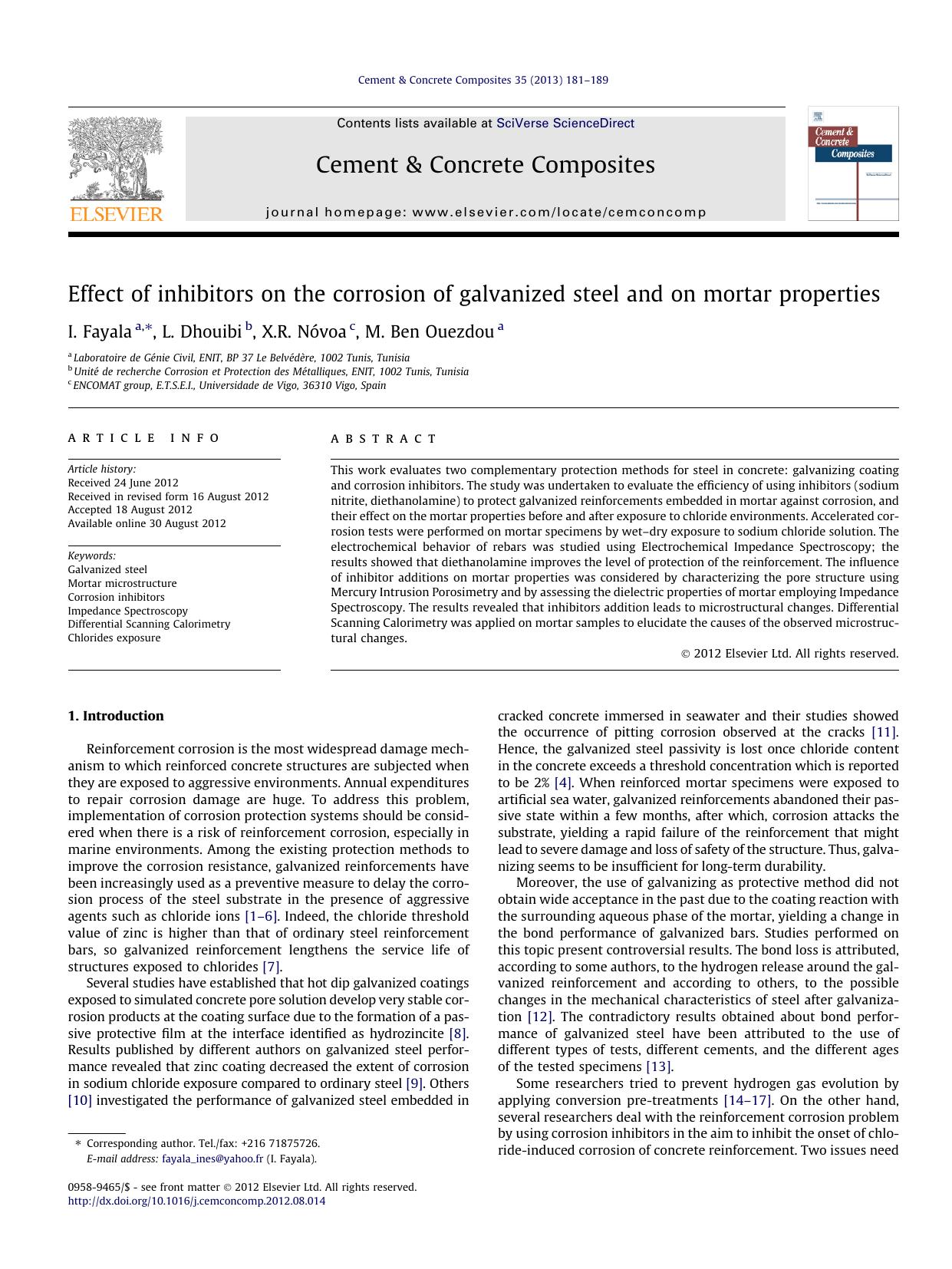 Effect of inhibitors on the corrosion of galvanized steel and on mortar properties by I. Fayala & L. Dhouibi & X.R. Nóvoa & M. Ben Ouezdou