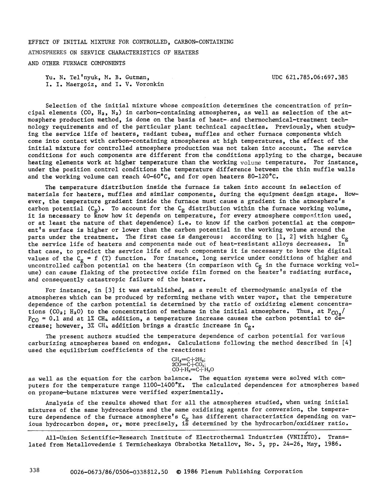 Effect of initial mixture for controlled, carbon-containing atmospheres on service characteristics of heaters and other furnace components by Unknown