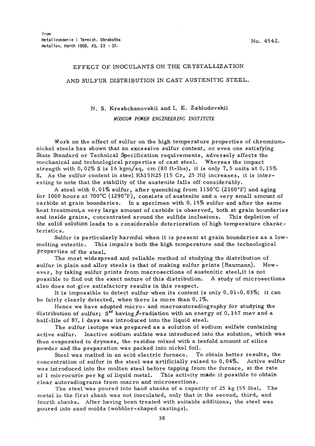 Effect of inoculants on the crystallization and sulfur distribution in cast austenitic steel by Unknown