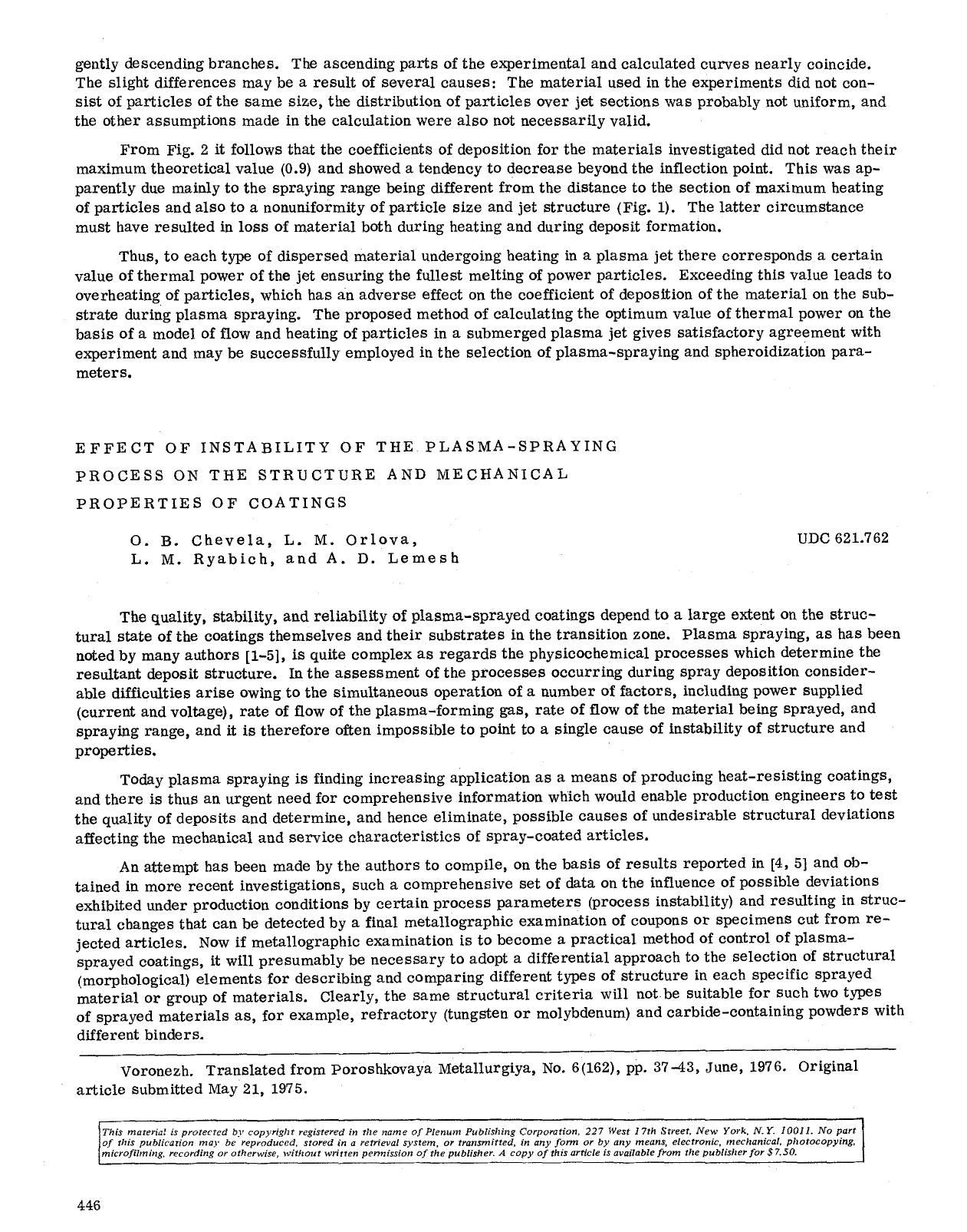 Effect of instability of the plasma-spraying process on the structure and mechanical properties of coatings by Unknown