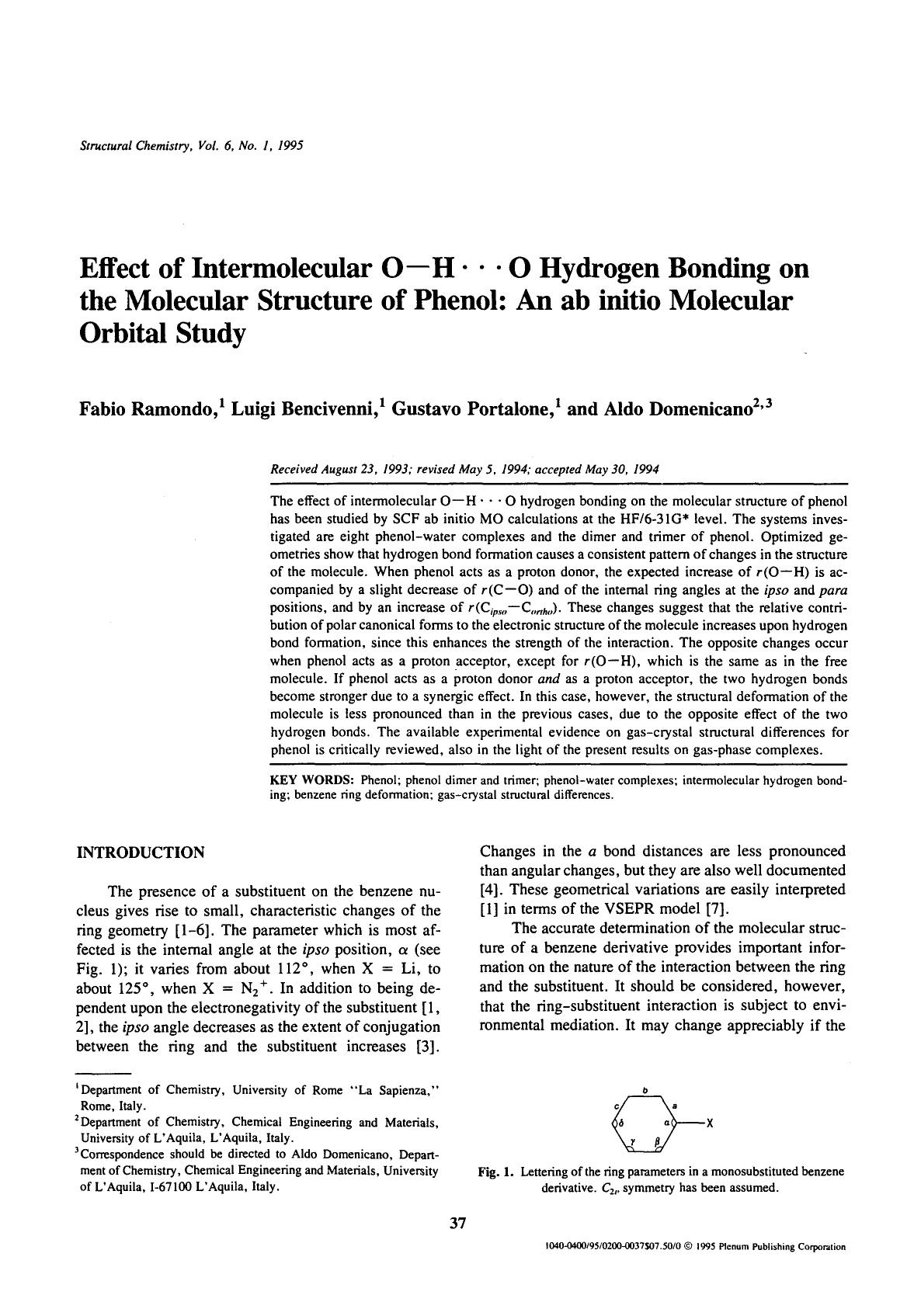 Effect of intermolecular O-H ⋯ O hydrogen bonding on the molecular structure of phenol: An ab initio molecular orbital study by Unknown