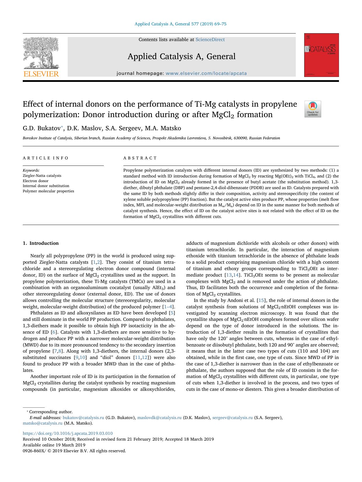 Effect of internal donors on the performance of Ti-Mg catalysts in propylene polymerization_ Donor introduction during or after MgCl2 formation by G.D. Bukatov