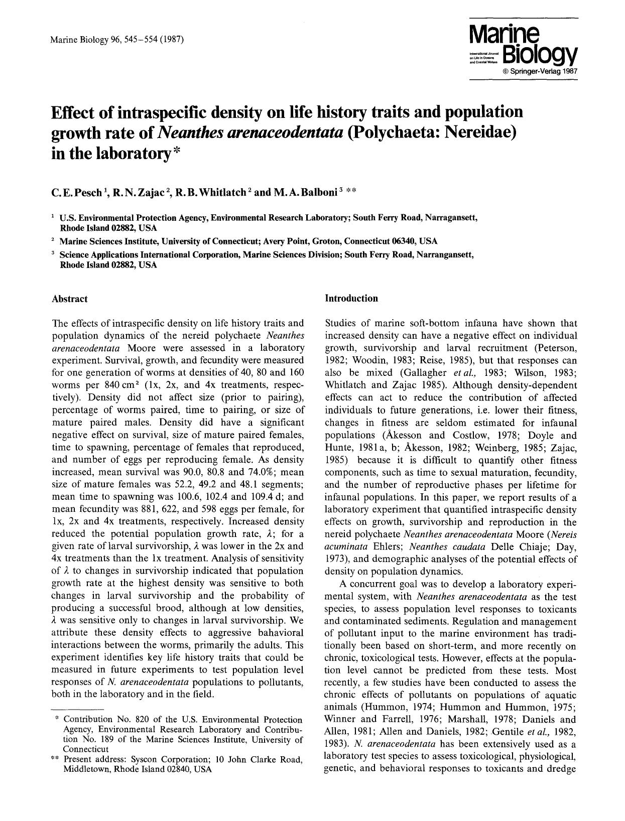 Effect of intraspecific density on life history traits and population growth rate of <Emphasis Type="Italic">Neanthes arenaceodentata<Emphasis> (Polychaeta: Nereidae) in the laboratory by Unknown