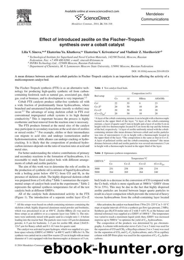 Effect of introduced zeolite on the FischerâTropsch synthesis over a cobalt catalyst by td-73827 & Ekaterina Yu. Khatkova & Ekaterina V. Kriventseva & Vladimir Z. Mordkovich