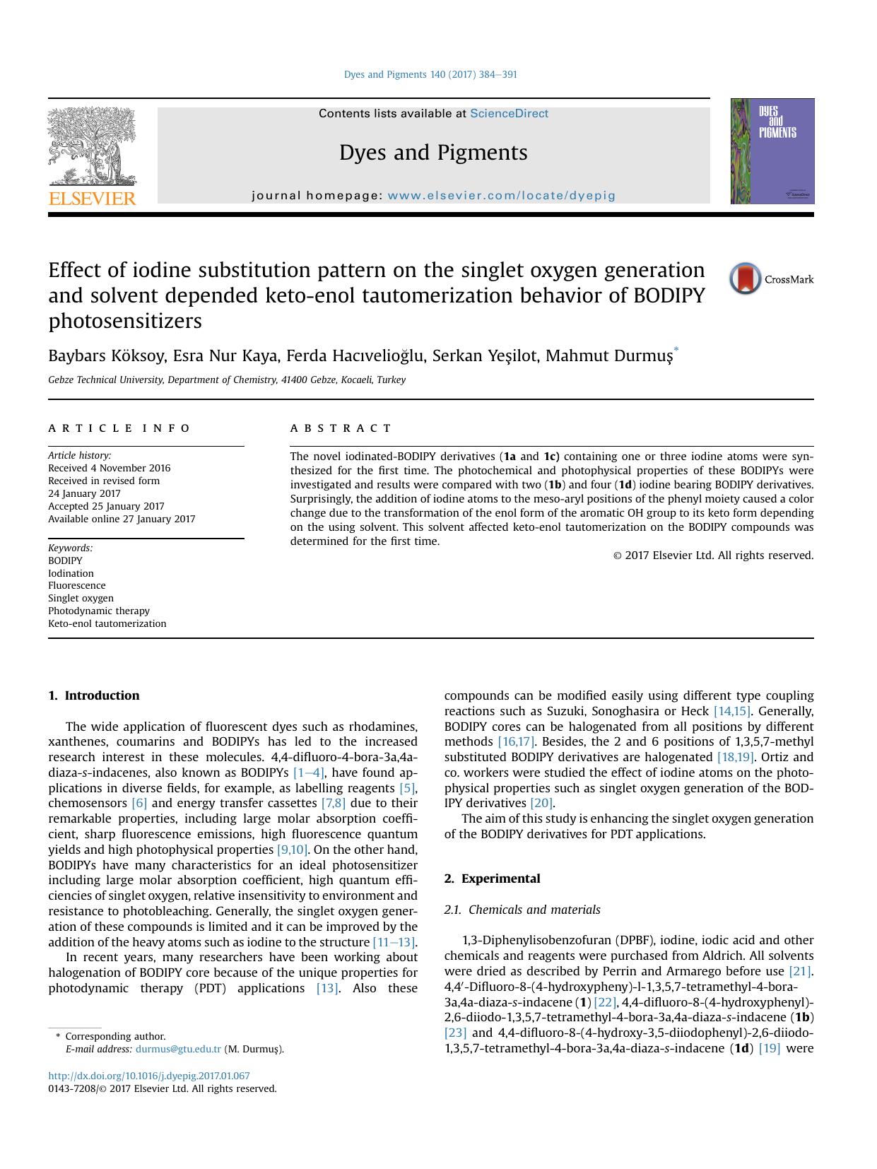 Effect of iodine substitution pattern on the singlet oxygen generation and solvent depended keto-enol tautomerization behavior of BODIPY photosensitizers by Baybars Köksoy & Esra Nur Kaya & Ferda Hacıvelioğlu & Serkan Yeşilot & Mahmut Durmuş