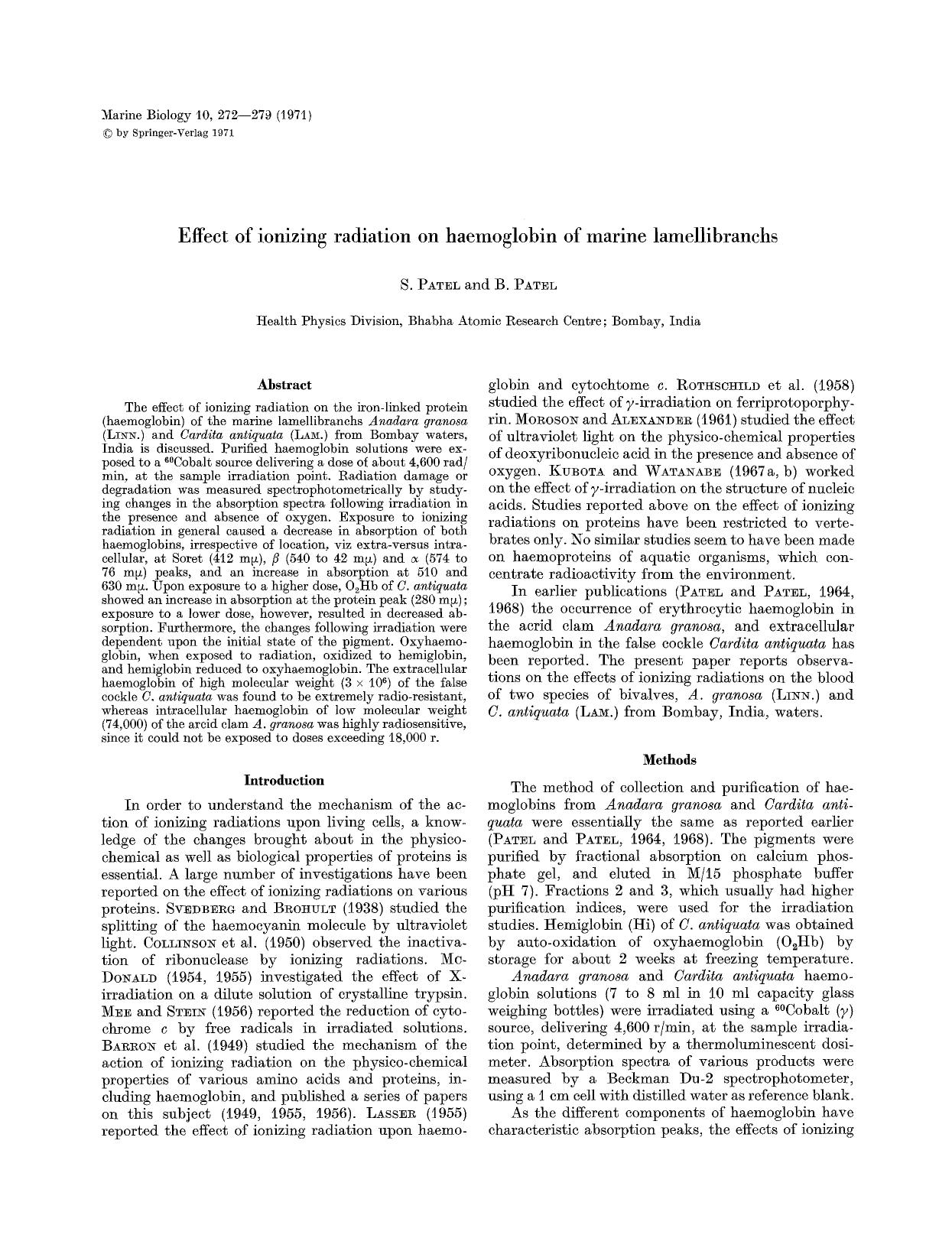 Effect of ionizing radiation on haemoglobin of marine lamellibranchs by Unknown
