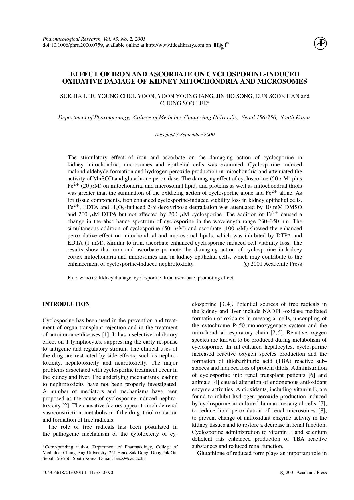 Effect of iron and ascorbate on cyclosporine-induced oxidative damage of kidney mitochondria and microsomes by S. H. Lee et al