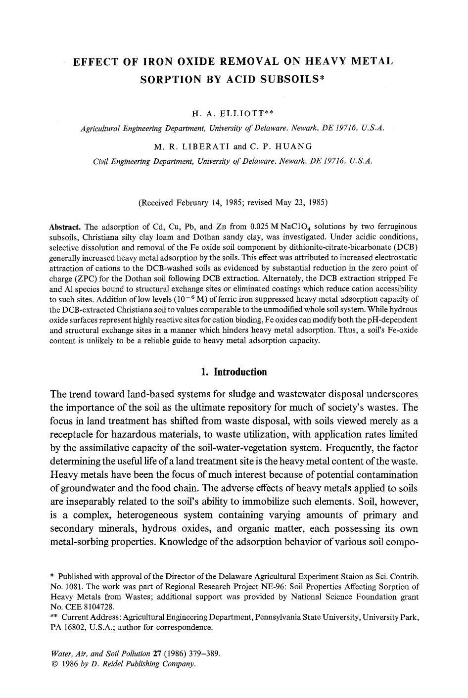 Effect of iron oxide removal on heavy metal sorption by acid subsoils by Unknown
