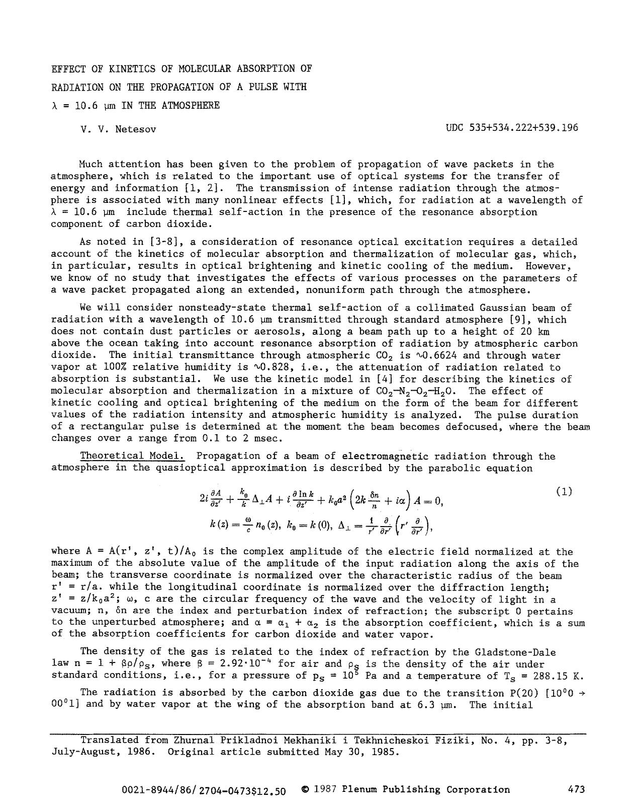 Effect of kinetics of molecular absorption of radiation on the propagation of a pulse with &#x03BB;=10.6 &#x03BC;m in the atmosphere by Unknown