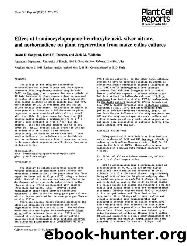 Effect of l-aminocyclopropane-l-carboxylic acid, silver nitrate, and norbornadiene on plant regeneration from maize callus cultures by Unknown