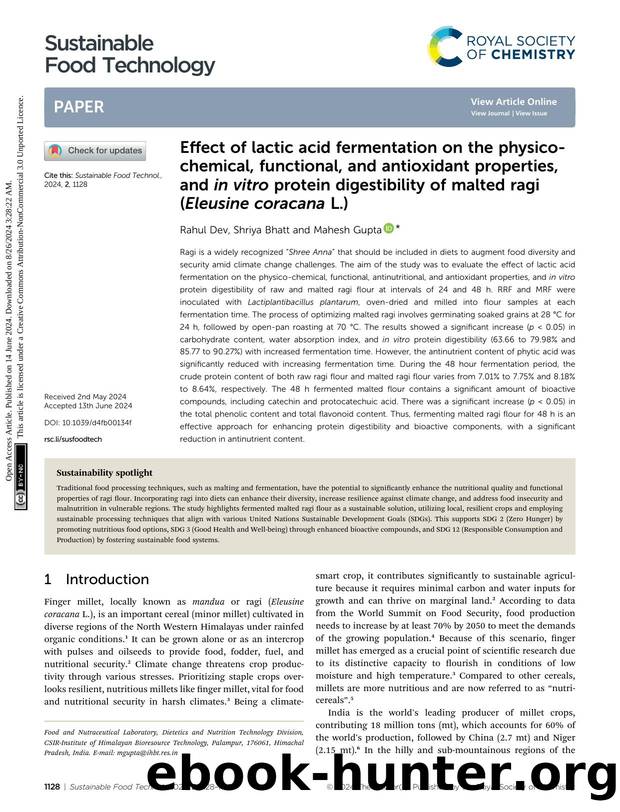 Effect of lactic acid fermentation on the physico-chemical, functional, and antioxidant properties, and in vitro protein digestibility of malted ragi (Eleusine coracana&nbsp;L.) by Rahul Dev & Shriya Bhatt & Mahesh Gupta