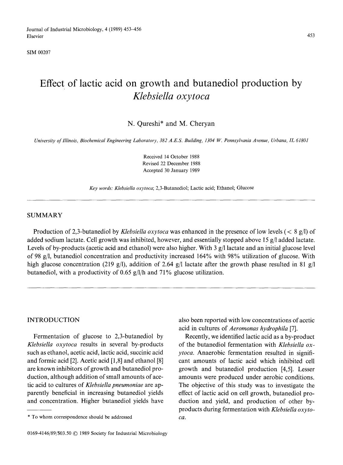 Effect of lactic acid on growth and butanediol production by <Emphasis Type="Italic">Klebsiella oxytoca <Emphasis> by Unknown