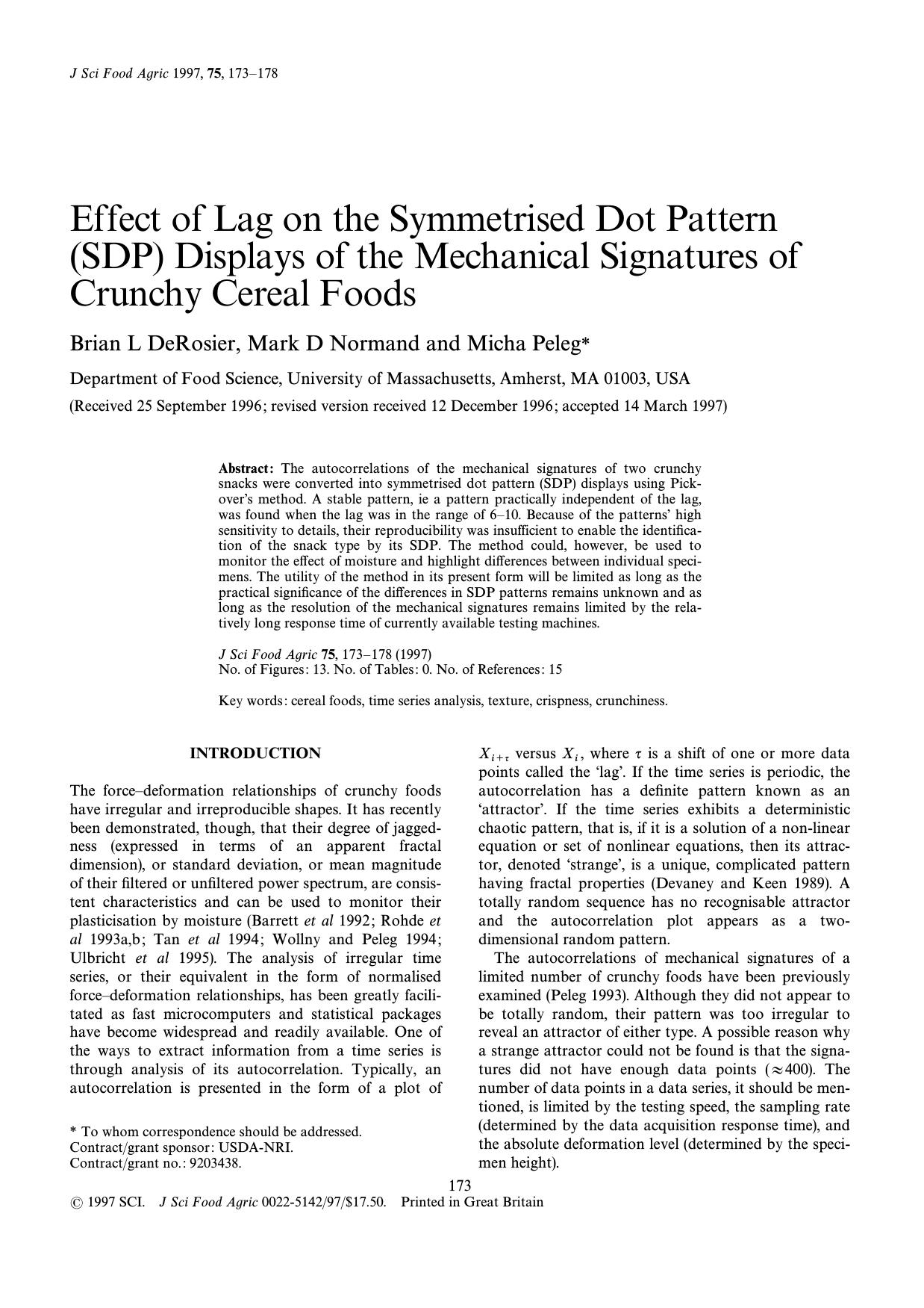 Effect of lag on the symmetrised dot pattern (SDP) displays of the mechanical signatures of crunchy cereal foods by DeRosier Normand Peleg