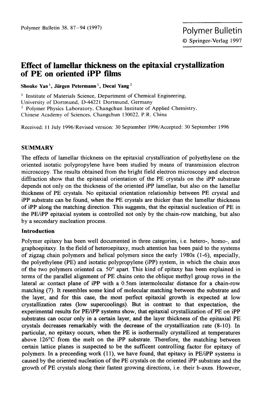 Effect of lamellar thickness on the epitaxial crystallization of PE on oriented iPP films by Unknown