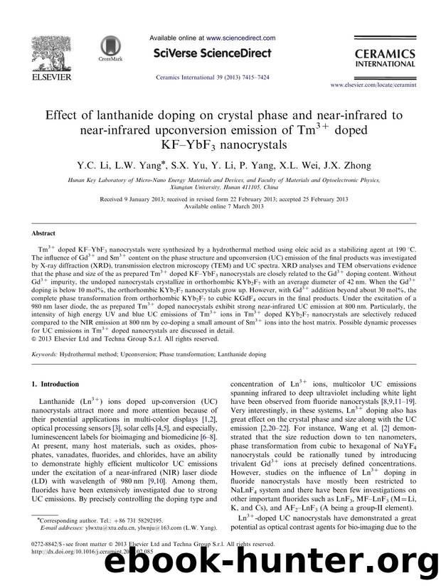 Effect of lanthanide doping on crystal phase and near-infrared to near-infrared upconversion emission of Tm3+ doped KFâYbF3 nanocrystals by Y.C. Li & L.W. Yang & S.X. Yu & Y. Li & P. Yang & X.L. Wei & J.X. Zhong