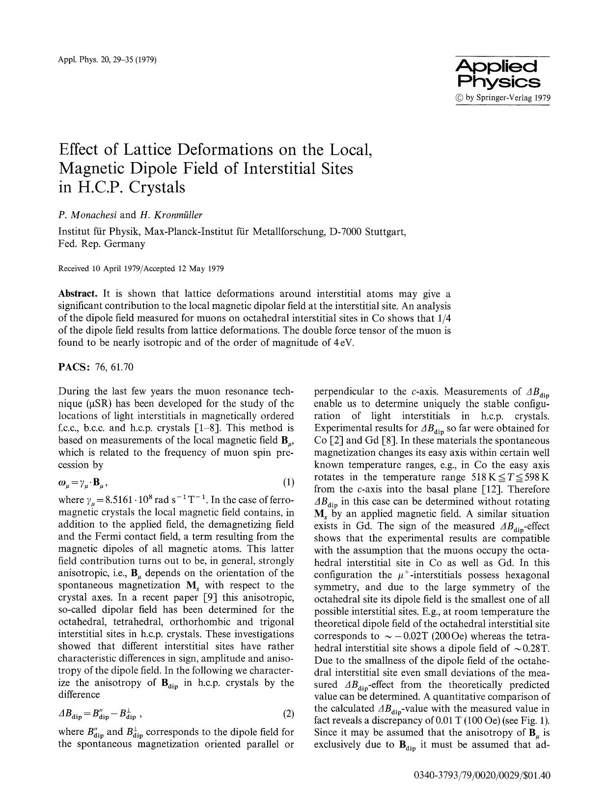 Effect of lattice deformations on the local, magnetic dipole field of interstitial sites in H.C.P. crystals by Unknown