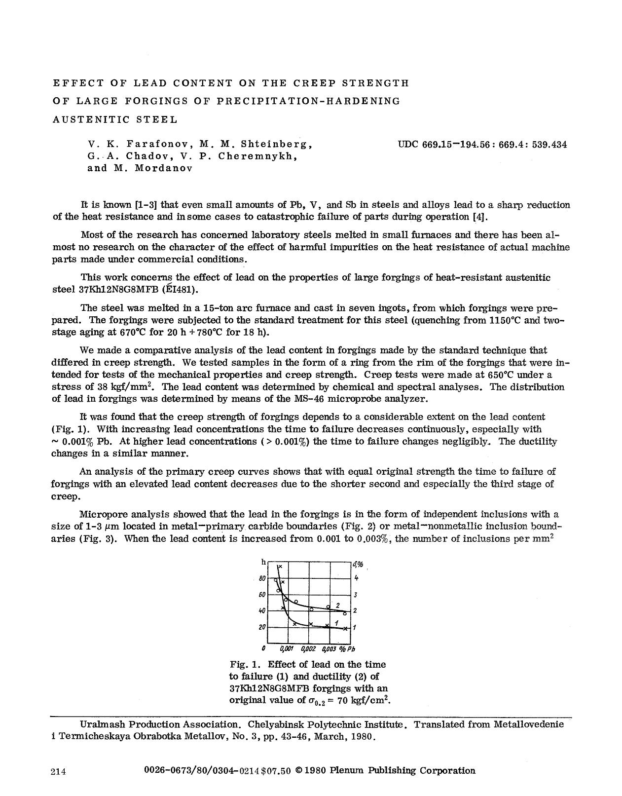Effect of lead content on the creep strength of large forgings of precipitation-hardening austenitic steel by Unknown