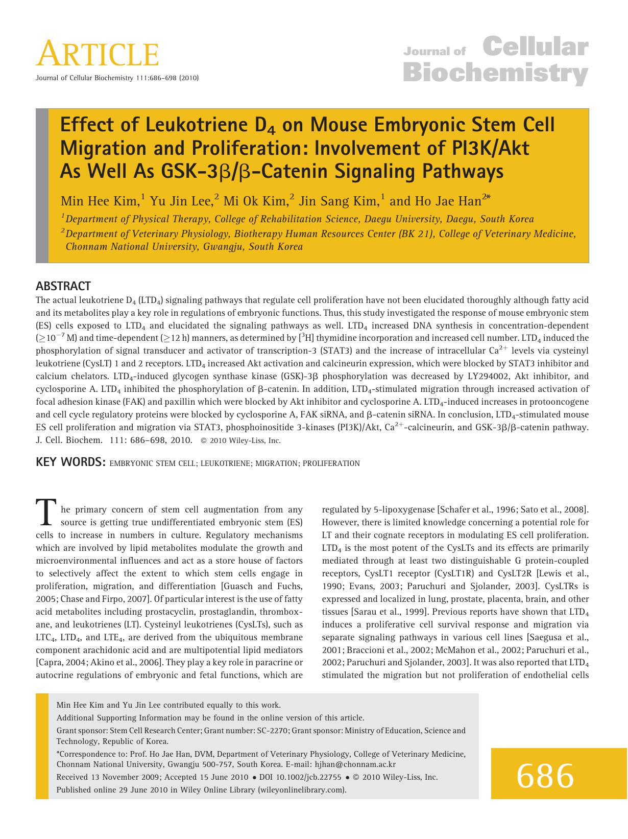 Effect of leukotriene D4 on mouse embryonic stem cell migration and proliferation: Involvement of PI3KAkt as well as GSK3catenin signaling pathways by Unknown