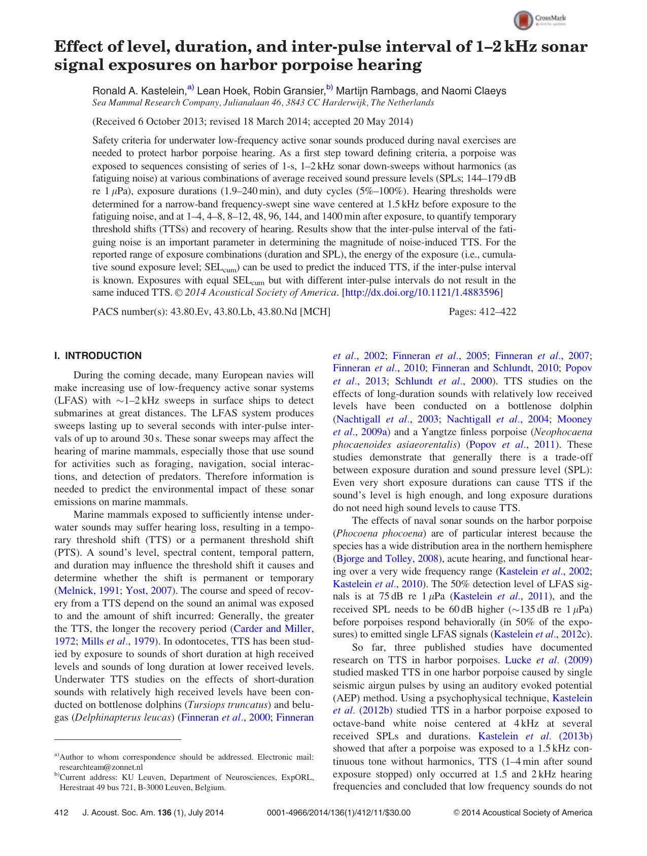 Effect of level, duration, and inter-pulse interval of 1–2 kHz sonar signal exposures on harbor porpoise hearing by Ronald A. Kastelein & Lean Hoek & Robin Gransier & Martijn Rambags & Naomi Claeys
