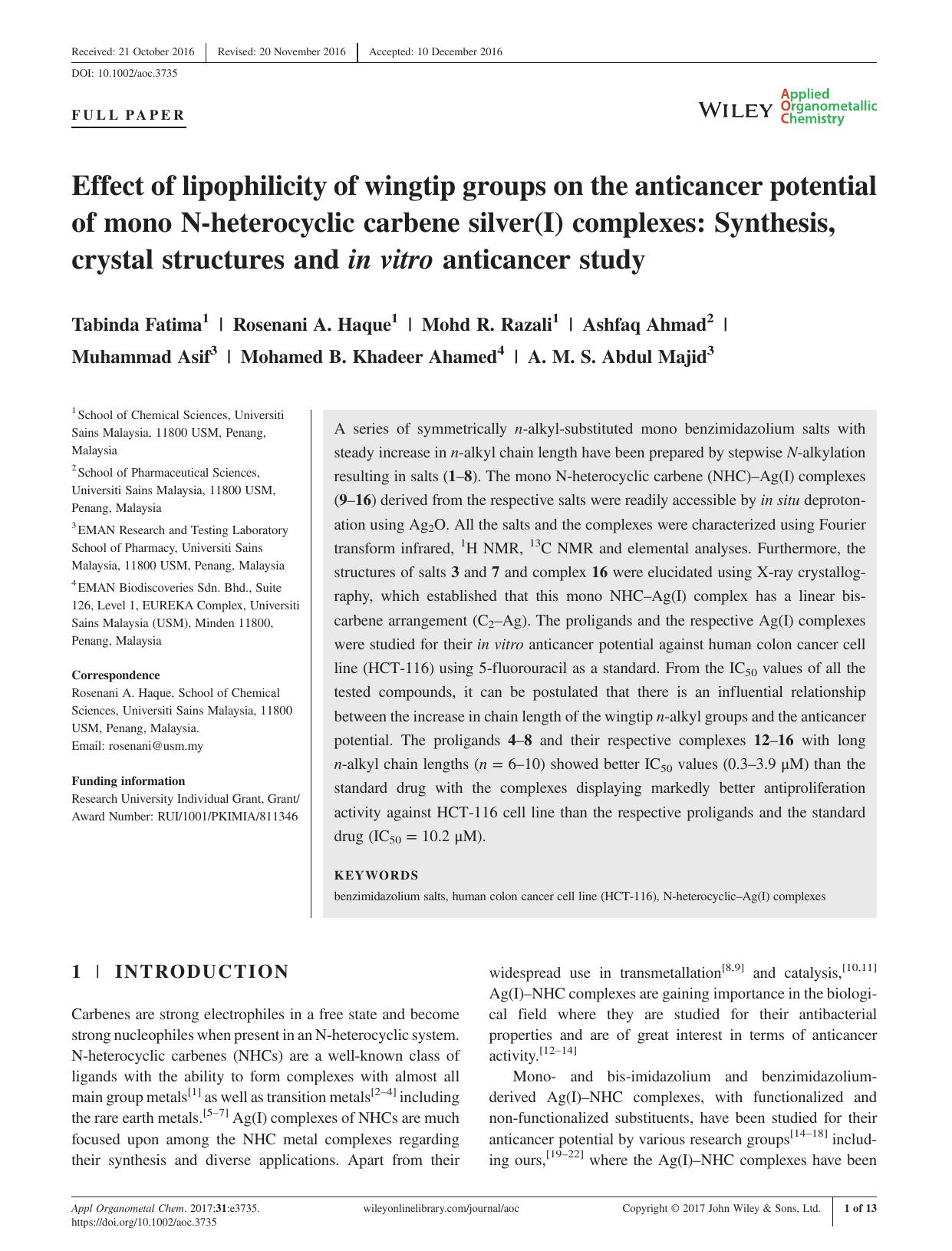 Effect of lipophilicity of wingtip groups on the anticancer potential of mono N-heterocyclic carbene silver(I) complexes: Synthesis, crystal structures and in vitro anticancer study by unknow