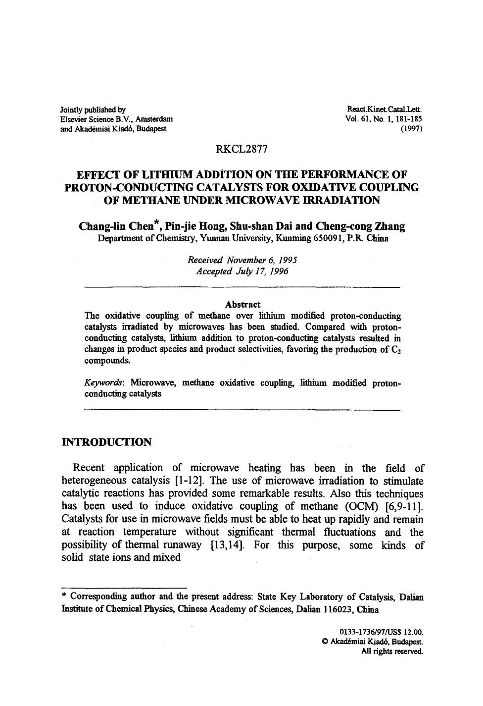 Effect of lithium addition on the performance of proton-conducting catalysts for oxidative coupling of methane under microwave irradiation by Unknown