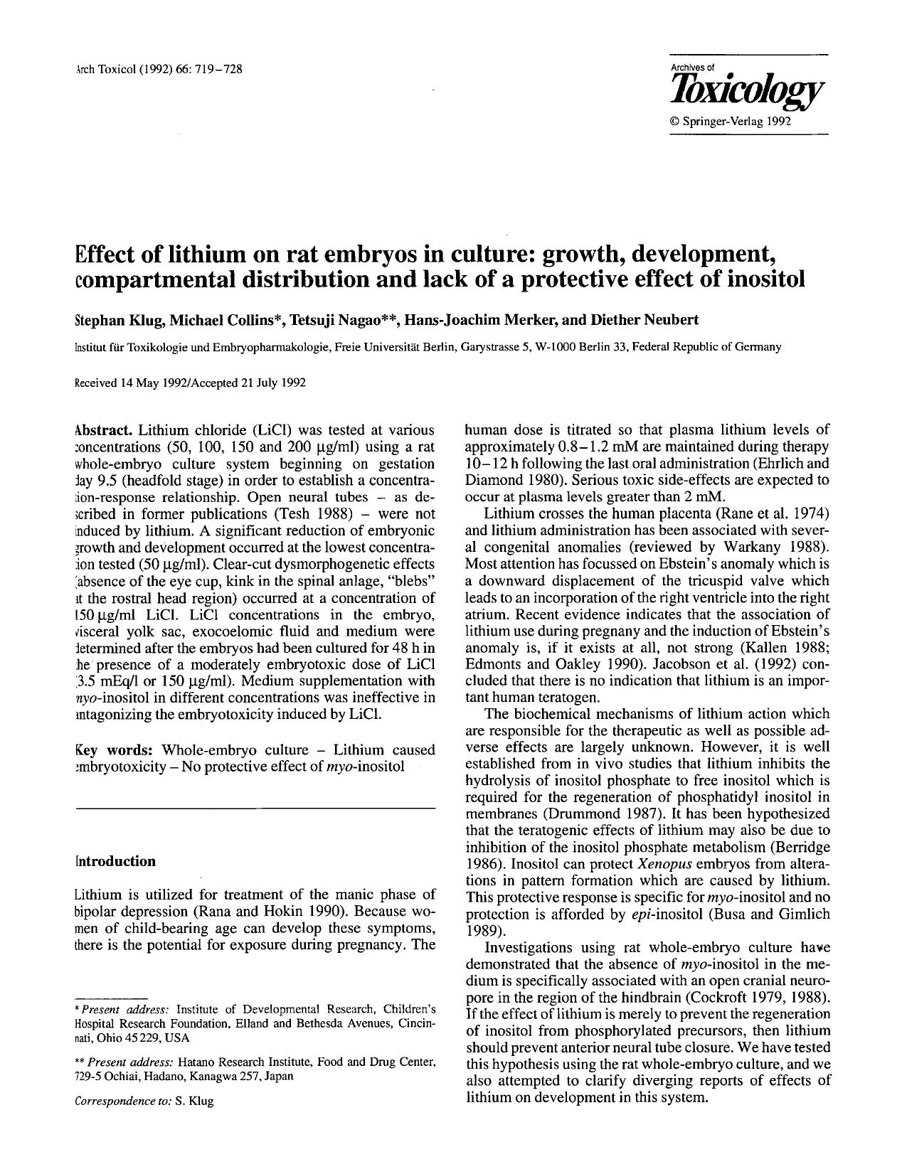 Effect of lithium on rat embryos in culture: Growth, development, compartmental distribution and lack of a protective effect of inositol by Unknown